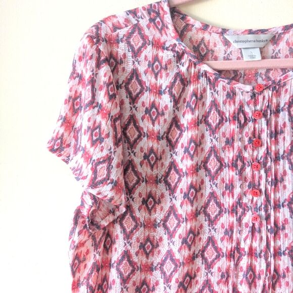 Christopher & Banks Short Sleeve Gauze Printed Blouse Top Pink Size Large - Picture 3 of 5
